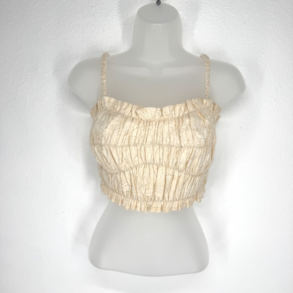 Emory Park Womens Smocked Crop Top Beige Large Stretch Coquette Regency Boho